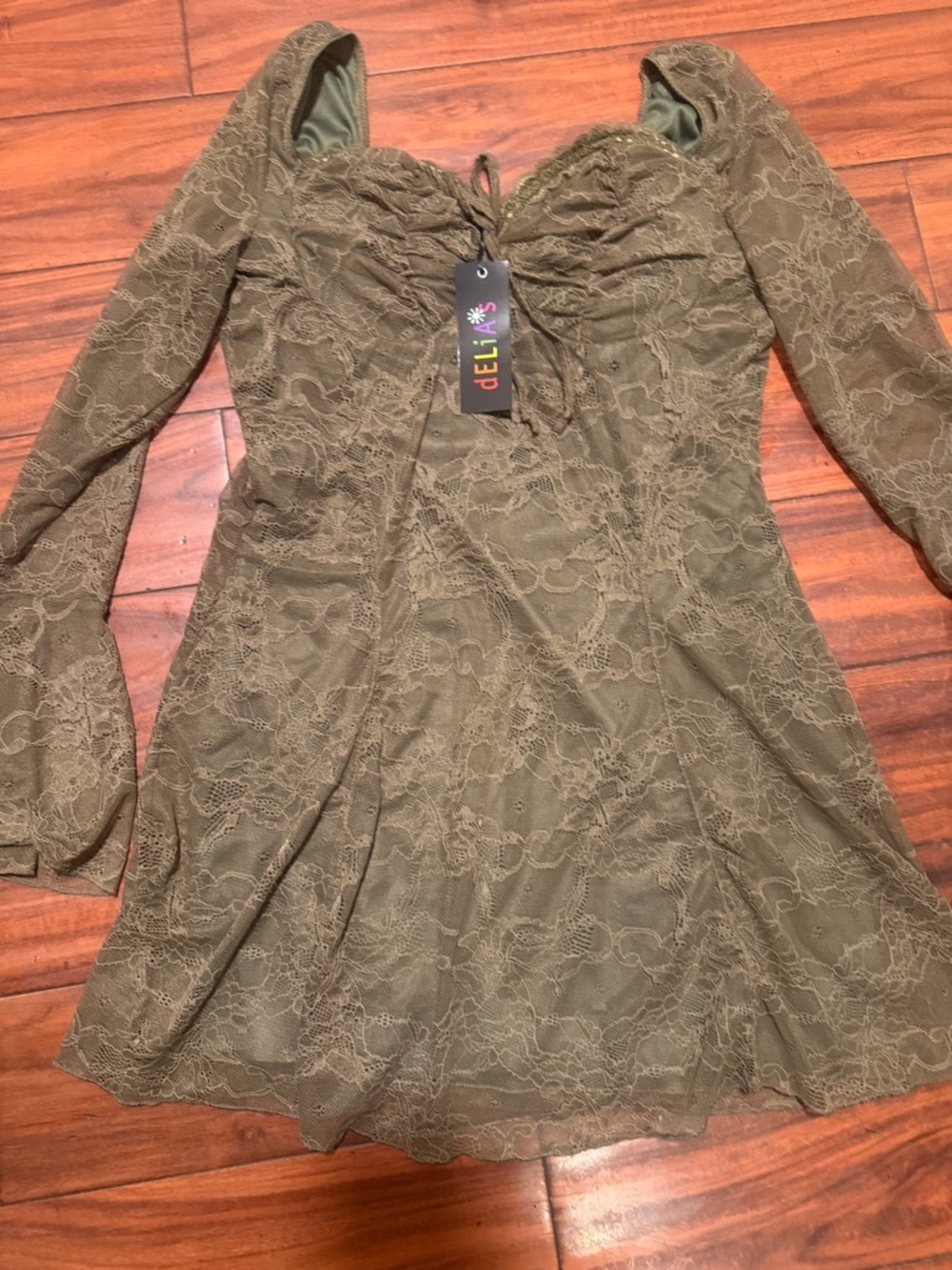 dELiA*s Olive Green Lace Long-Sleeve Sweetheart Mini Dress - Picture 11 of 11